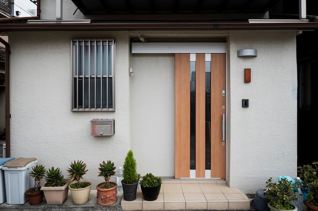 Entrada a la casa de la cultura japonesa y macetas