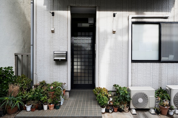 Entrada de la casa de la cultura japonesa con plantas.