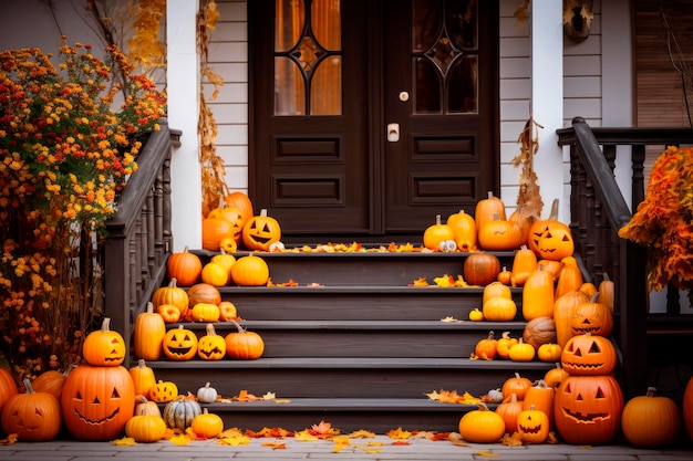 Foto gratuita entrada de una casa decorada con calabazas para acción de gracias.