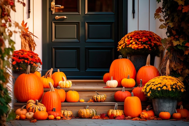 Foto gratuita entrada de una casa decorada con calabazas para acción de gracias.