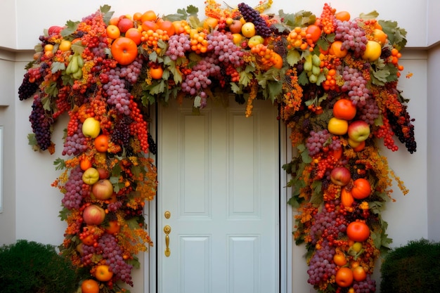 Foto gratuita entrada de una casa decorada con calabazas para acción de gracias.