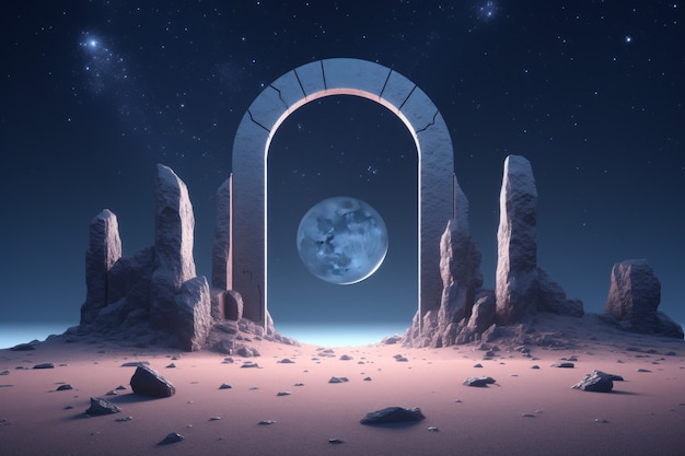 Entrada o puerta de estilo fantasía con paisaje desértico.