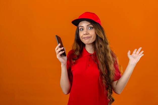 Entrega joven mujer vestida con polo rojo y gorra sosteniendo teléfono móvil despistado y expresión confusa con brazos y manos levantadas concepto de duda sobre fondo naranja aislado