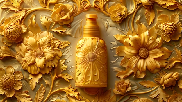 Envase de productos cosméticos con fondo en relieve solar inspirado en el art nouveau