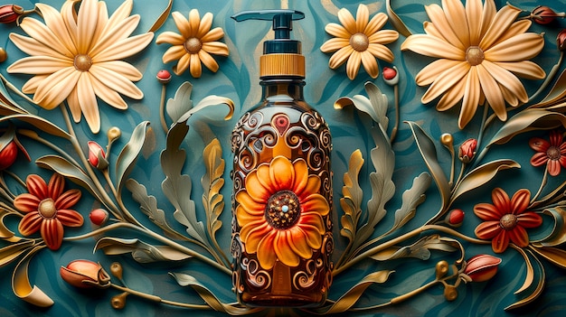 Envase de productos cosméticos con fondo en relieve solar inspirado en el art nouveau