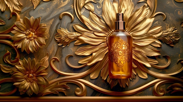 Envase de productos cosméticos con fondo en relieve solar inspirado en el art nouveau