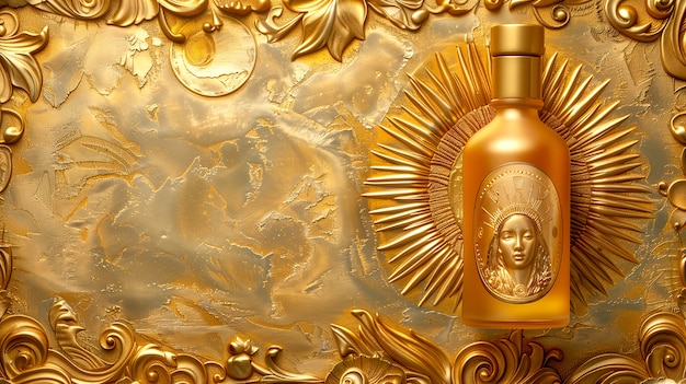 Envase de productos cosméticos con fondo en relieve solar inspirado en el art nouveau