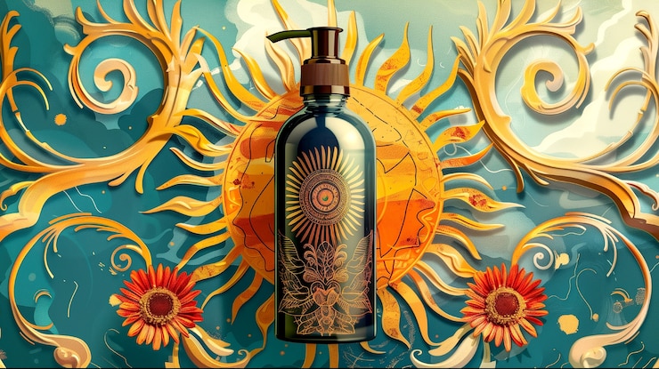 Foto gratuito envase de productos cosméticos con fondo en relieve solar inspirado en el art nouveau