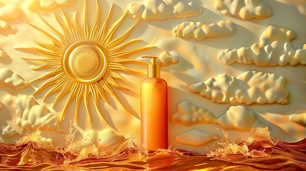 Envase de productos cosméticos con fondo en relieve solar inspirado en el art nouveau