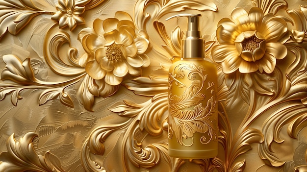 Envase de productos cosméticos con fondo en relieve solar inspirado en el art nouveau