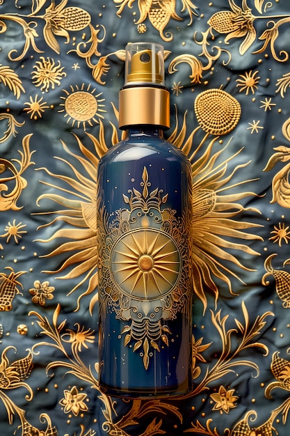 Envase de productos cosméticos con fondo en relieve solar inspirado en el art nouveau