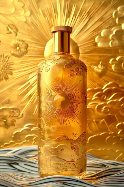 Envase de productos cosméticos con fondo en relieve solar inspirado en el art nouveau