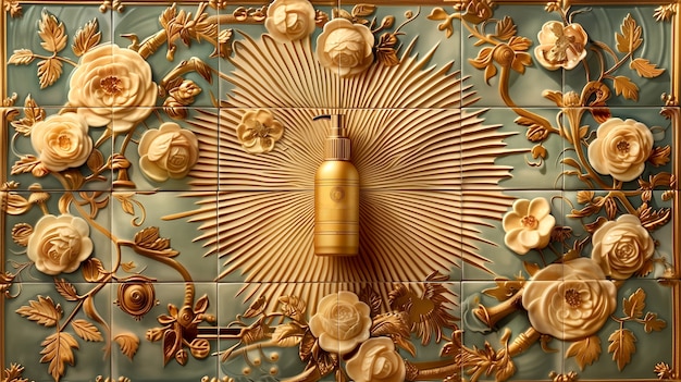 Envase de productos cosméticos con fondo en relieve solar inspirado en el art nouveau