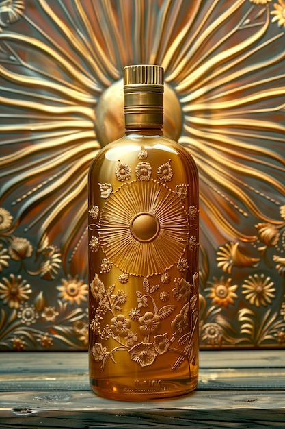 Envase de productos cosméticos con fondo en relieve solar inspirado en el art nouveau