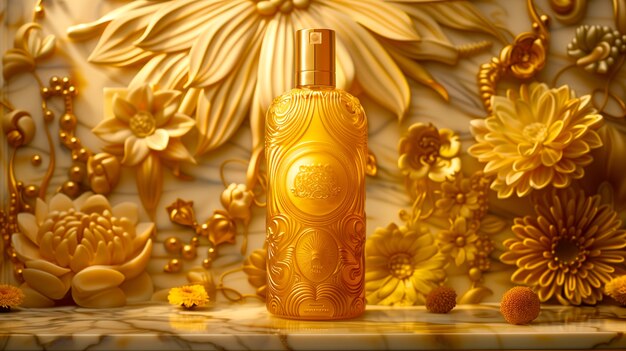 Envase de productos cosméticos con fondo en relieve solar inspirado en el art nouveau