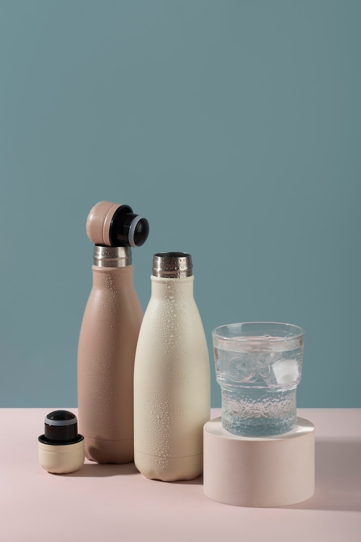 Foto gratuito envases de botellas de aluminio para líquidos.
