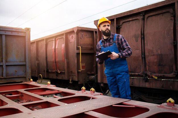 Envío de trabajador ferroviario con portapapeles haciendo un seguimiento de los contenedores de carga listos para salir de la estación de tren