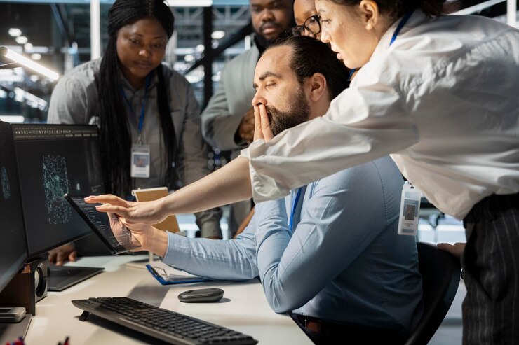 Foto gratuito equipo de administradores trabajando juntos en el centro de servidores analizando los datos de las plataformas