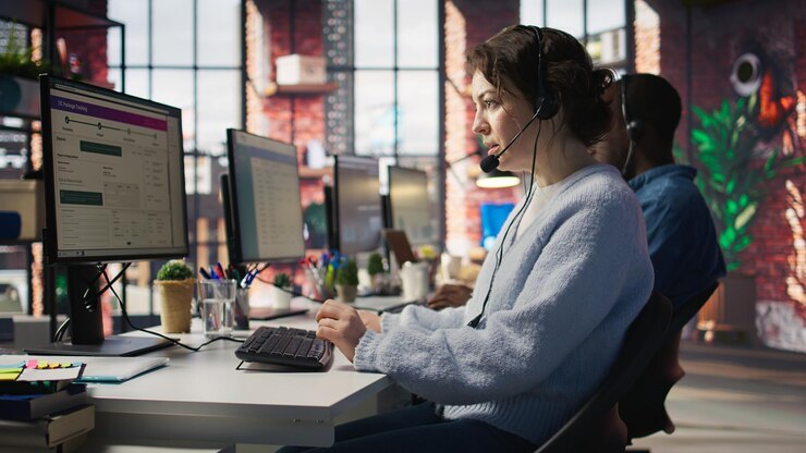 Foto gratuito equipo de agentes del centro de llamadas con auriculares ayudando a los clientes
