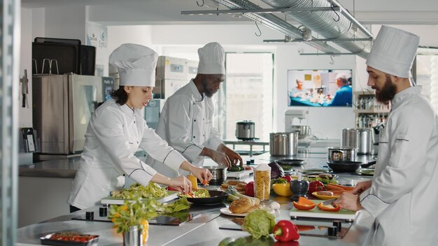 Equipo de cocineros cortando verduras en una tabla de cortar para preparar comidas en la cocina del restaurante. Hombre y mujer cocinando platos de comida gourmet con ingredientes orgánicos, trabajando en recetas culinarias.