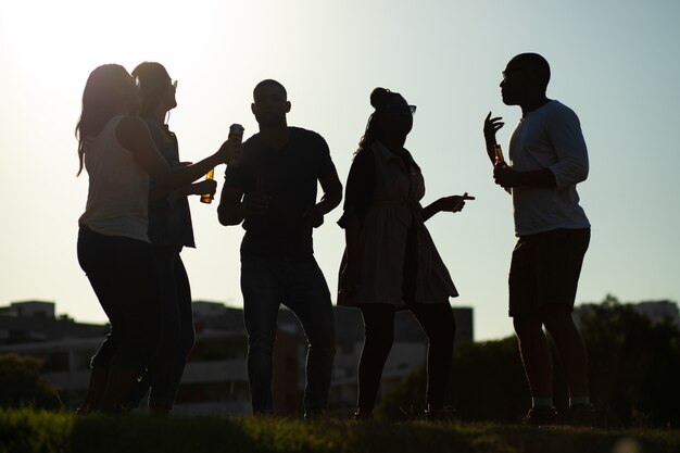 Equipo diverso de amigos divirtiéndose en una fiesta al aire libre