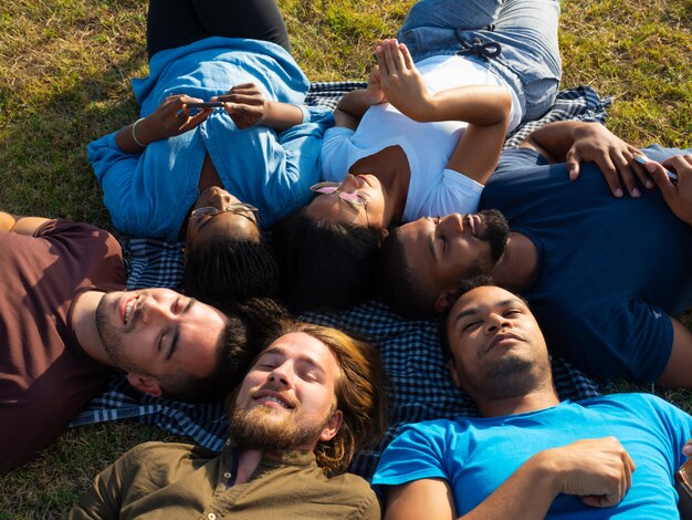 Equipo diverso de amigos relajantes en el parque