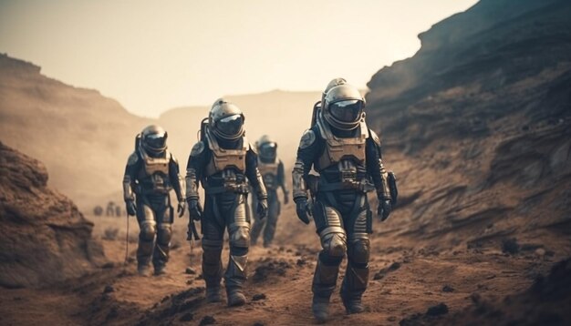 Un equipo de héroes militares decididos exploran juntos paisajes futuristas generados por IA