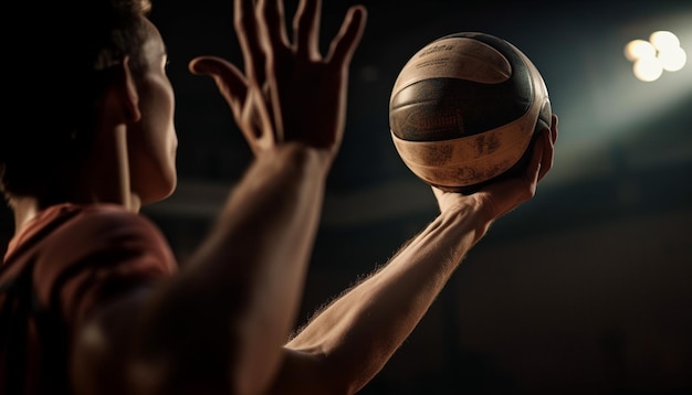 Equipo de hombres adultos jugando voleibol competitivo en interiores generado por IA