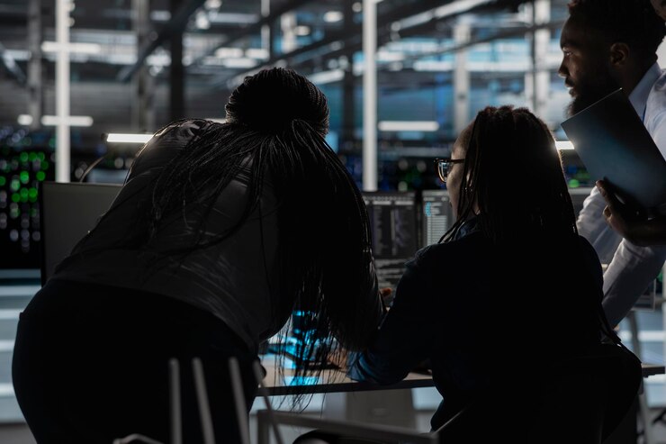 Foto gratuito equipo de ingeniería de granjas de servidores que implementa y gestiona soluciones de copia de seguridad de datos