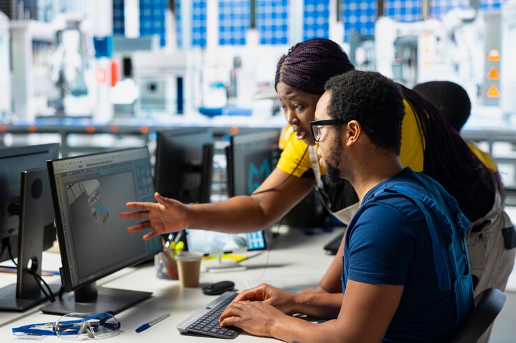 Foto gratuito equipo de ingenieros afroamericanos haciendo control de calidad en la configuración de la computadora