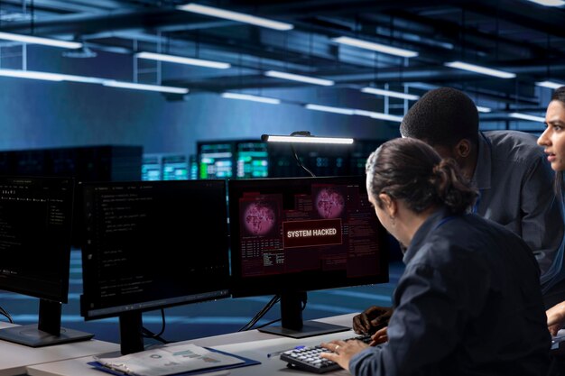 Equipo multiétnico de desarrolladores en el centro de servidores asustados por un ataque de hackers