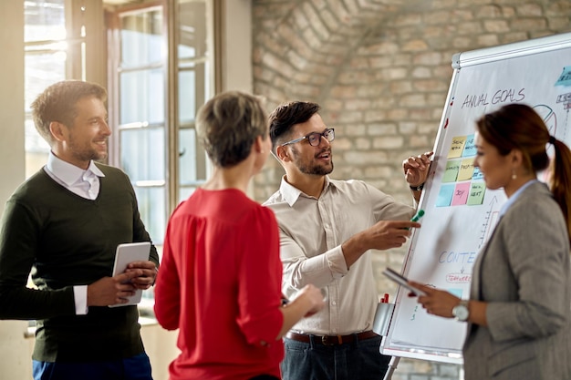 El equipo de negocios coopera mientras desarrolla una nueva estrategia de negocios en la oficina. El foco está en el joven que presenta las ideas en la pizarra.