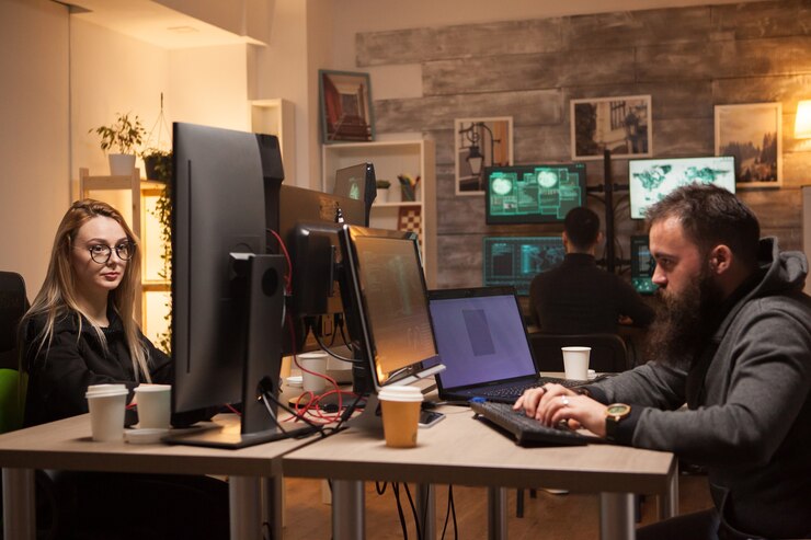 Foto gratuito equipo de peligrosos piratas informáticos que planean un gran ciberataque contra grandes corporaciones de todo el mundo. hacker femenina.