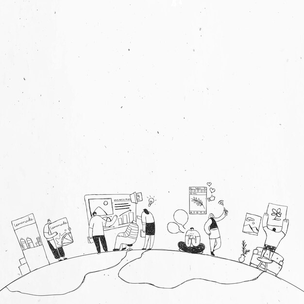 Equipo de producción dibujado a mano en blanco y negro diseño de arte del doodle