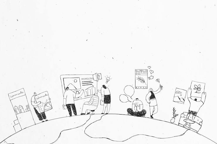 Foto gratuito equipo de producción dibujado a mano en blanco y negro diseño de arte del doodle