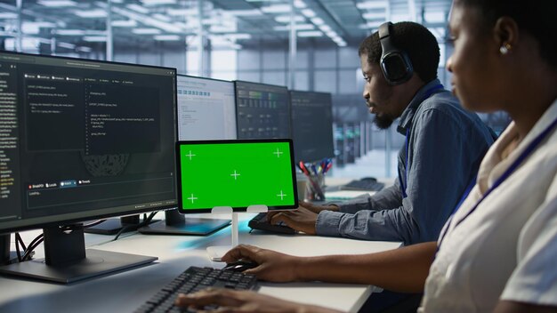 Equipo de programadores que utilizan una tableta de pantalla verde trabajando en una granja de servidores