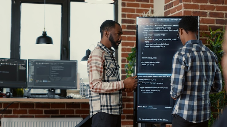 Foto gratuito equipo de programadores de software que se van después de analizar el código fuente en la televisión de pantalla de pared comparando errores usando tableta digital. ingenieros de sistemas pasando pantallas compilando código para inteligencia artificial.