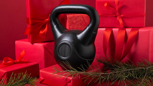 Equipos de fitness y gimnasio con tema navideño y decoraciones.