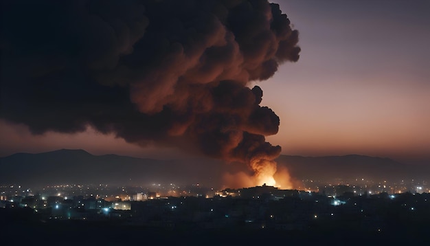 Foto gratuita erupción del volcán con humo y smog en la ciudad por la noche