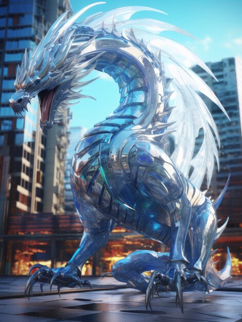 Es una escena genial con una bestia dragón futurista.