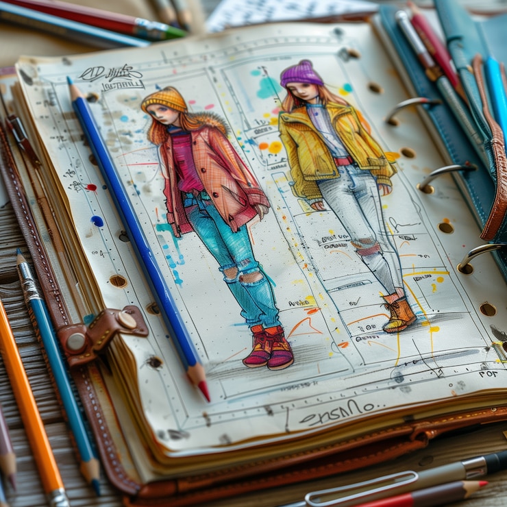 Foto gratuito esbozo de diseño de moda de estilo artístico digital en papel