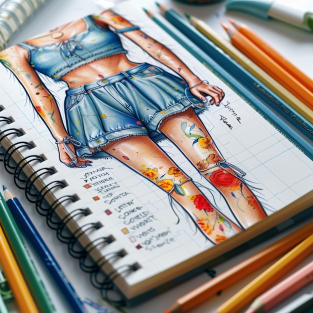 Foto gratuita esbozo de diseño de moda de estilo artístico digital en papel