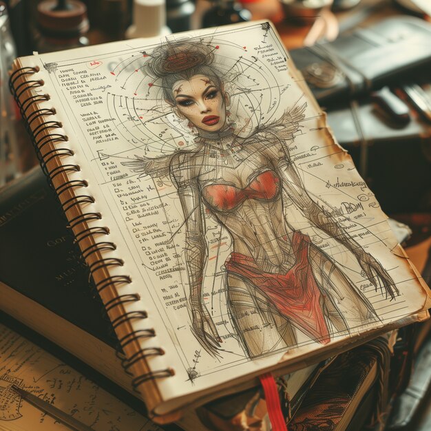 Esbozo de diseño de moda de estilo artístico digital en papel