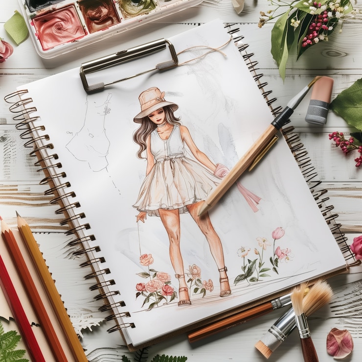 Foto gratuito esbozo de diseño de moda de estilo artístico digital en papel
