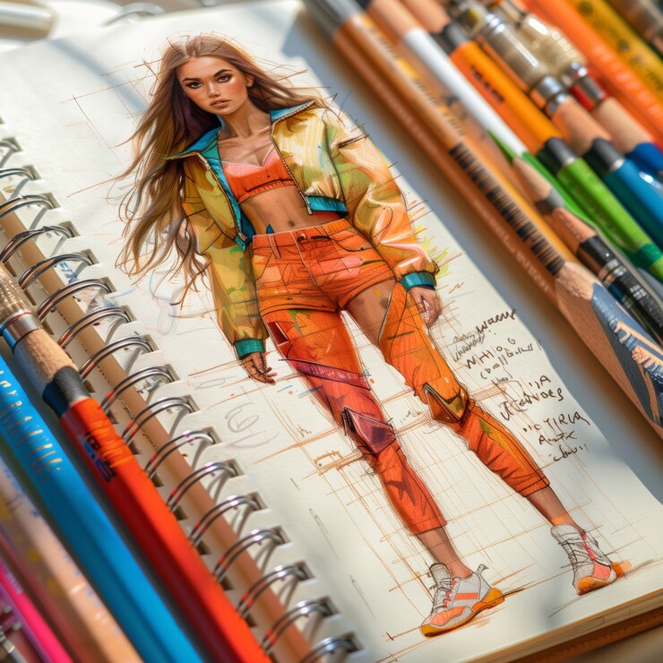 Foto gratuito esbozo de diseño de moda de estilo artístico digital en papel