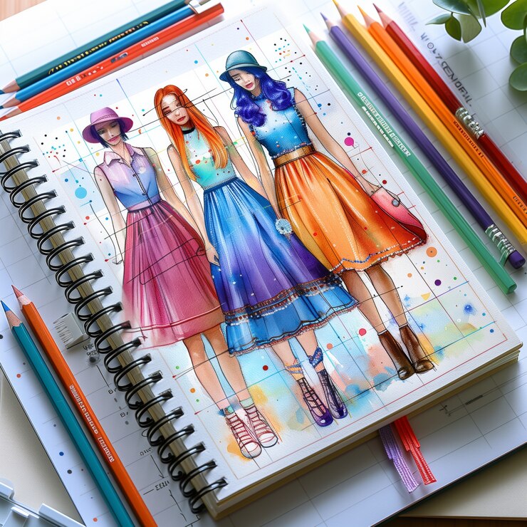 Foto gratuito esbozo de diseño de moda de estilo artístico digital en papel