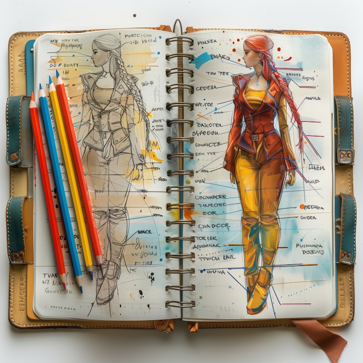 Foto gratuito esbozo de diseño de moda de estilo artístico digital en papel