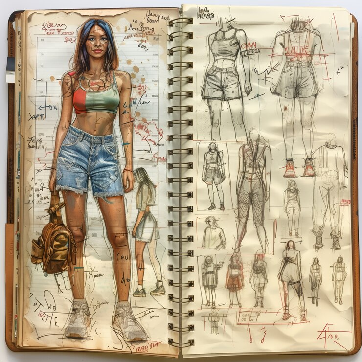 Foto gratuito esbozo de diseño de moda de estilo artístico digital en papel