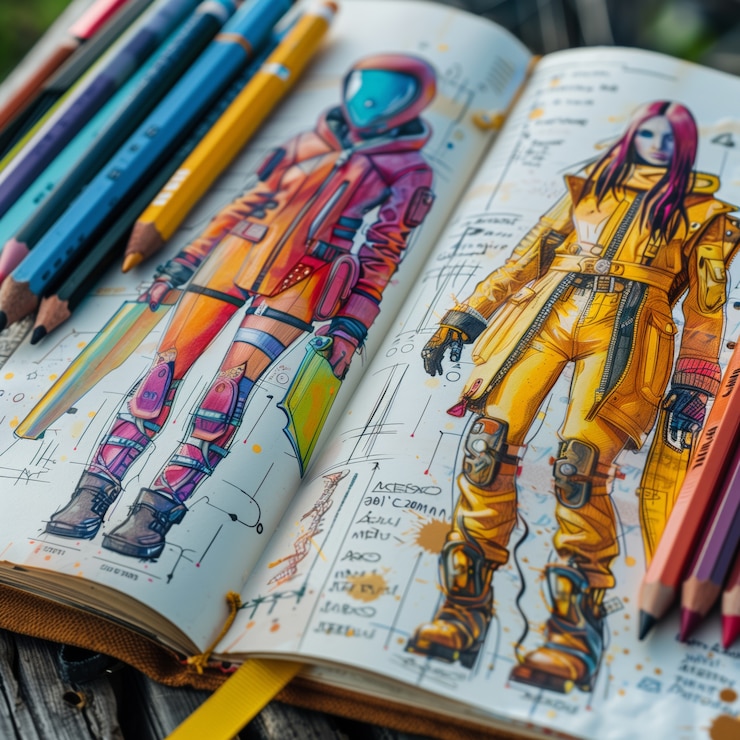 Foto gratuito esbozo de diseño de moda de estilo artístico digital en papel
