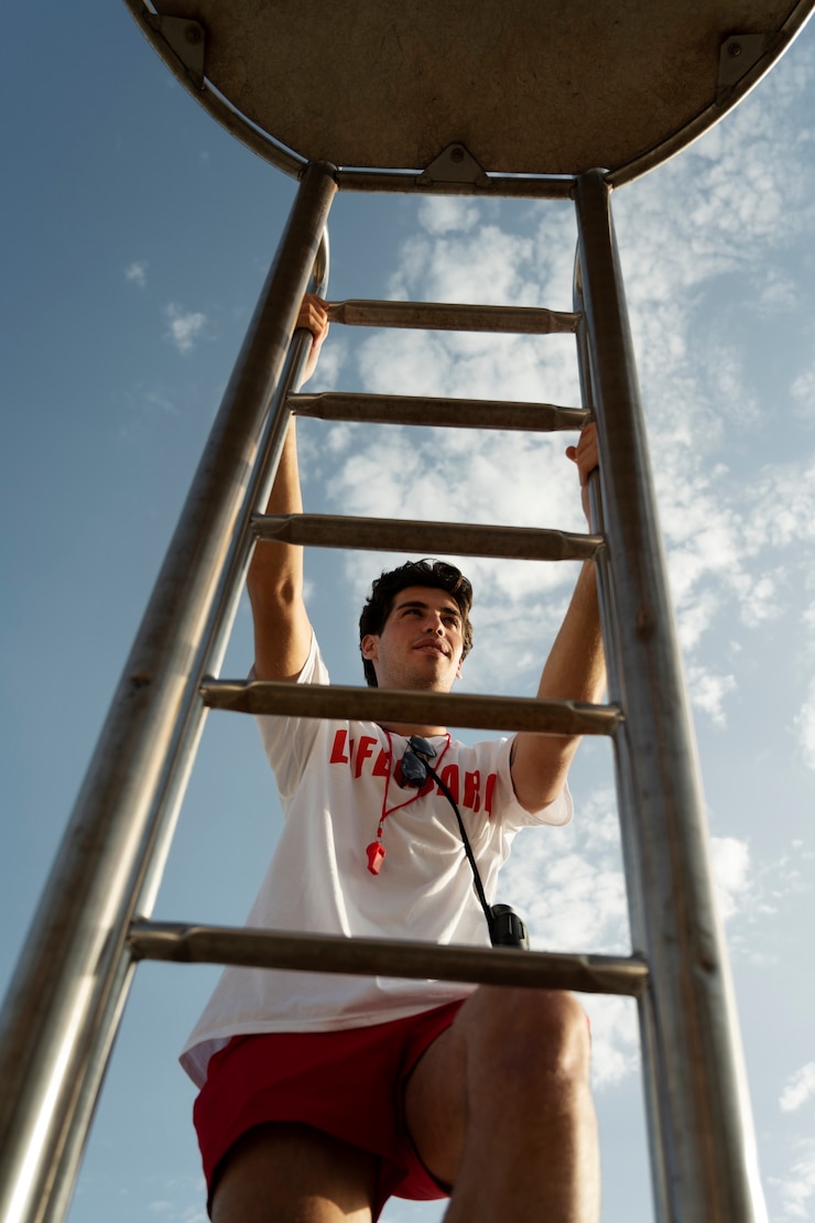Foto gratuito escalera de escalada de salvavidas de ángulo bajo